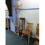 A coat stand, plant pedestal and a spindle back chair