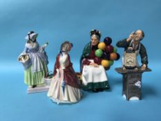 Four Royal Doulton figures, 'Spring Flowers', 'The Clockmaker', 'Paisley Shawl', and 'The Old