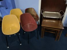 Four retro fibre glass kitchen chairs, a nest of tables and a tea trolley