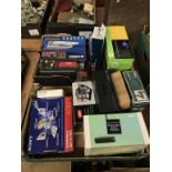 Two trays of assorted boxed items, a DVD writer and CD writer etc.