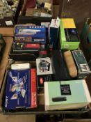 Two trays of assorted boxed items, a DVD writer and CD writer etc.