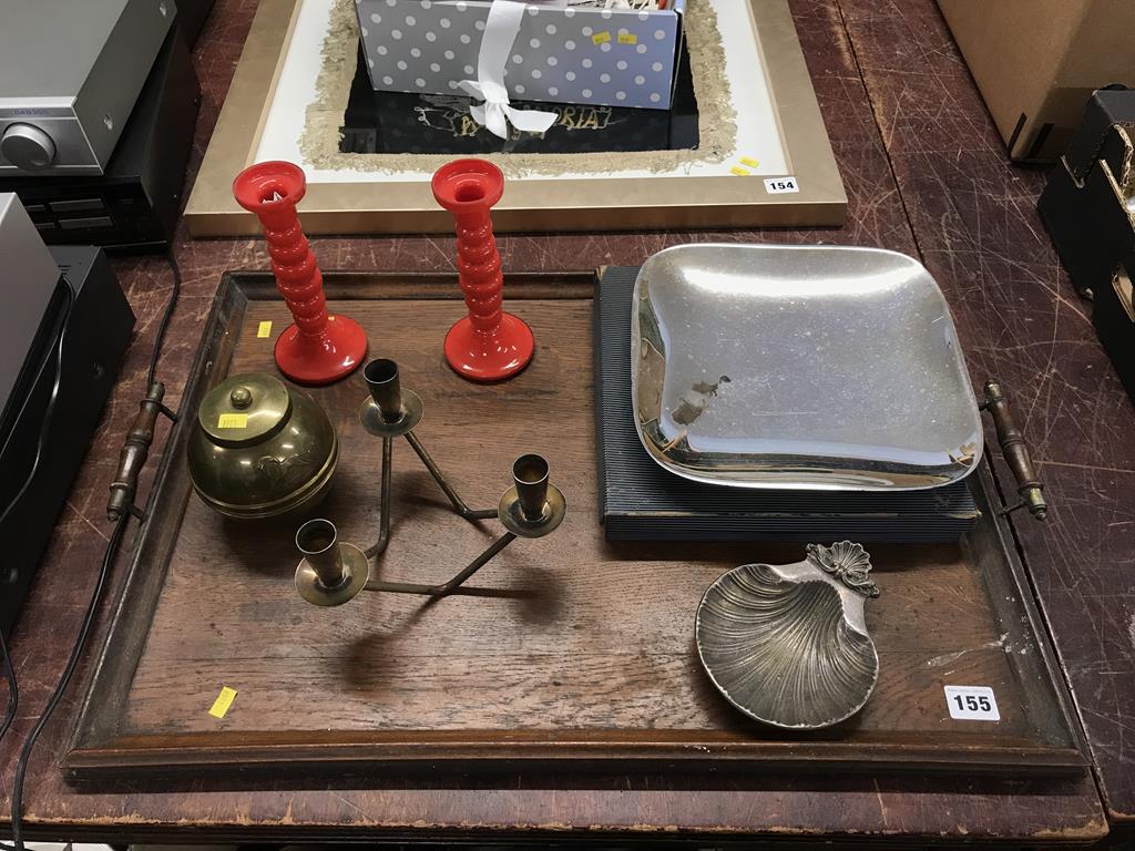 An oak tray, candlesticks etc.