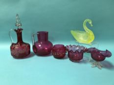 A collection of Victorian cranberry glass and a decanter