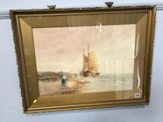 William Baker, watercolour, signed, 'Sailing vessels on the shoreline', 35 x 51cm