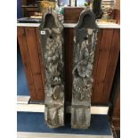 A large pair of carved wood corbels, 112cm height x 17.5cm wide