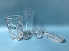 A Waterford crystal oblong dish, three pieces of Dartington glass and a vase