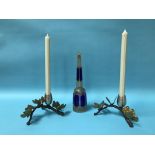 A tall tapering blue glass and gilt decorated decanter and a pair of Michael Aram gilt metal