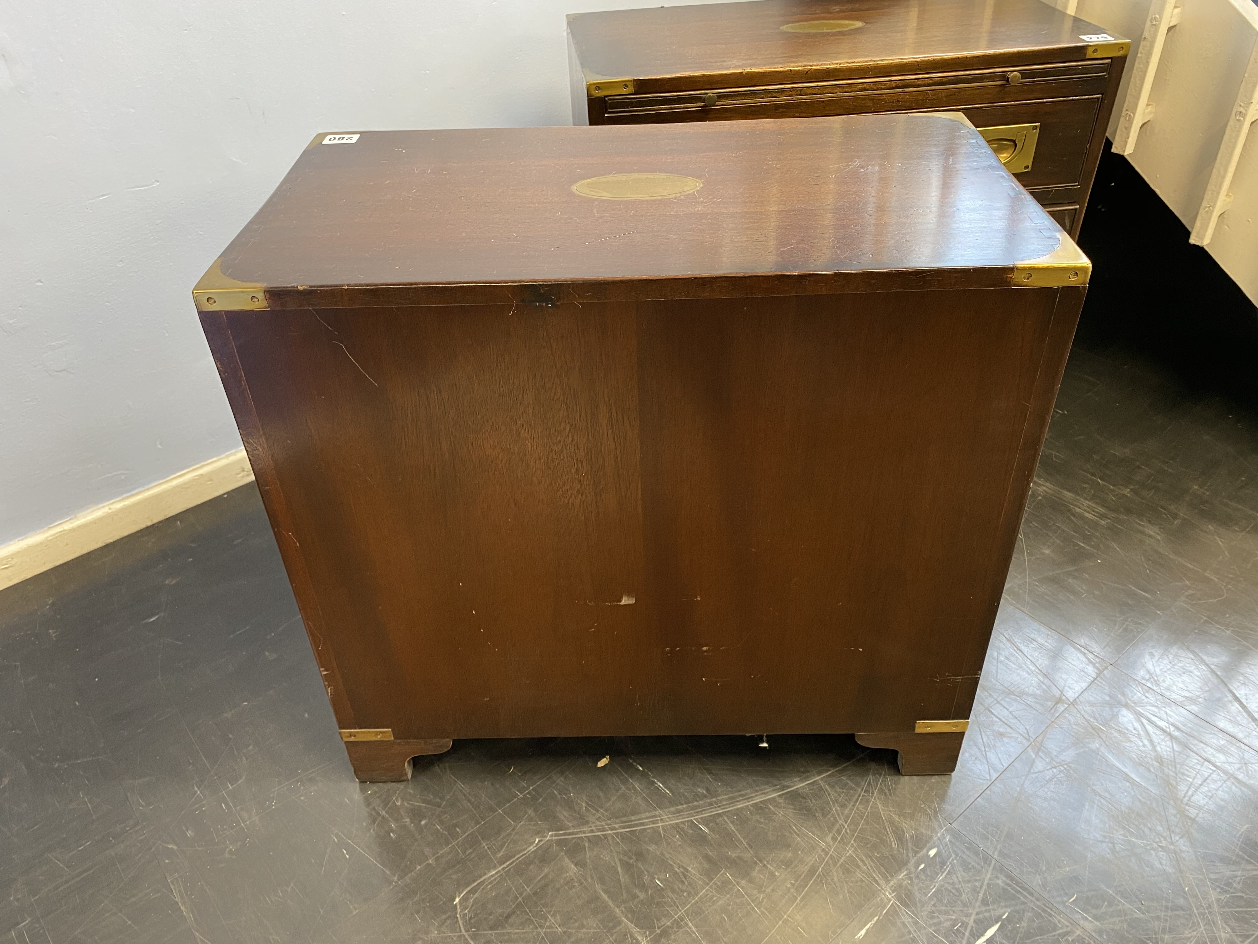 A reproduction mahogany campaign style chest of three drawers, with brushing slide, 61cm wide - Image 4 of 8