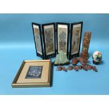 A miniature Oriental four fold screen, five wood carved koi carp etc.