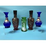 Two pairs of Victorian painted enamelled glass vases and a single vase (5)
