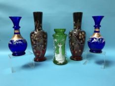 Two pairs of Victorian painted enamelled glass vases and a single vase (5)