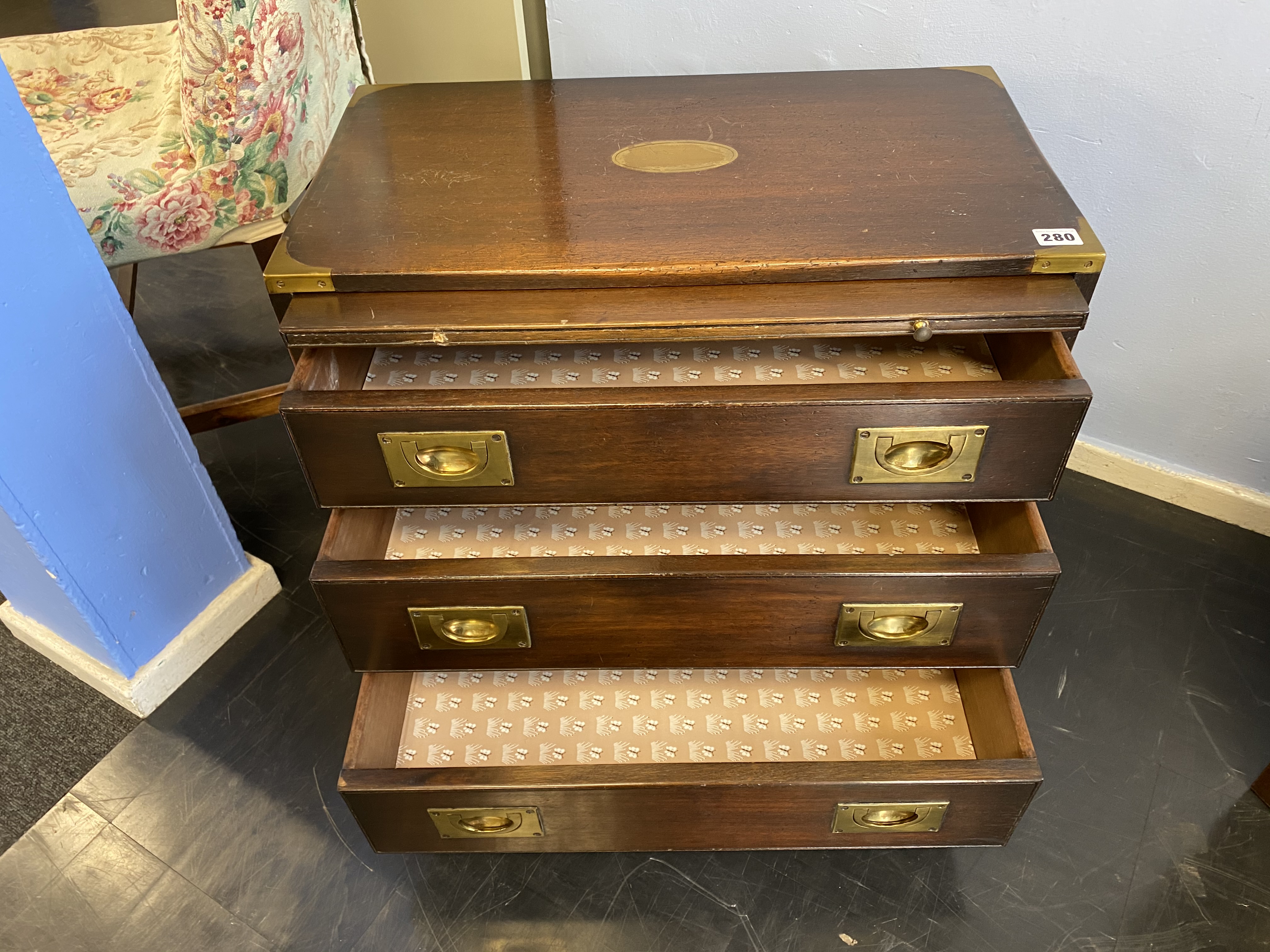 A reproduction mahogany campaign style chest of three drawers, with brushing slide, 61cm wide - Image 8 of 8