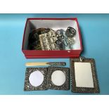 Various silver picture frames and beaded purses etc.