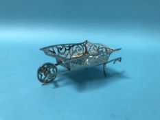 A miniature silver wheelbarrow, marks rubbed, 30g