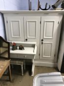 A grey pine triple wardrobe, stool and dressing table