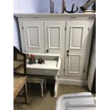 A grey pine triple wardrobe, stool and dressing table