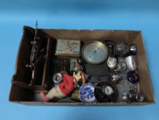A tray of assorted, to include silver candlestick, a toffee tin and a barometer etc.