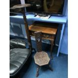 A single drawer side table, a jardinière stand, a carver chair etc