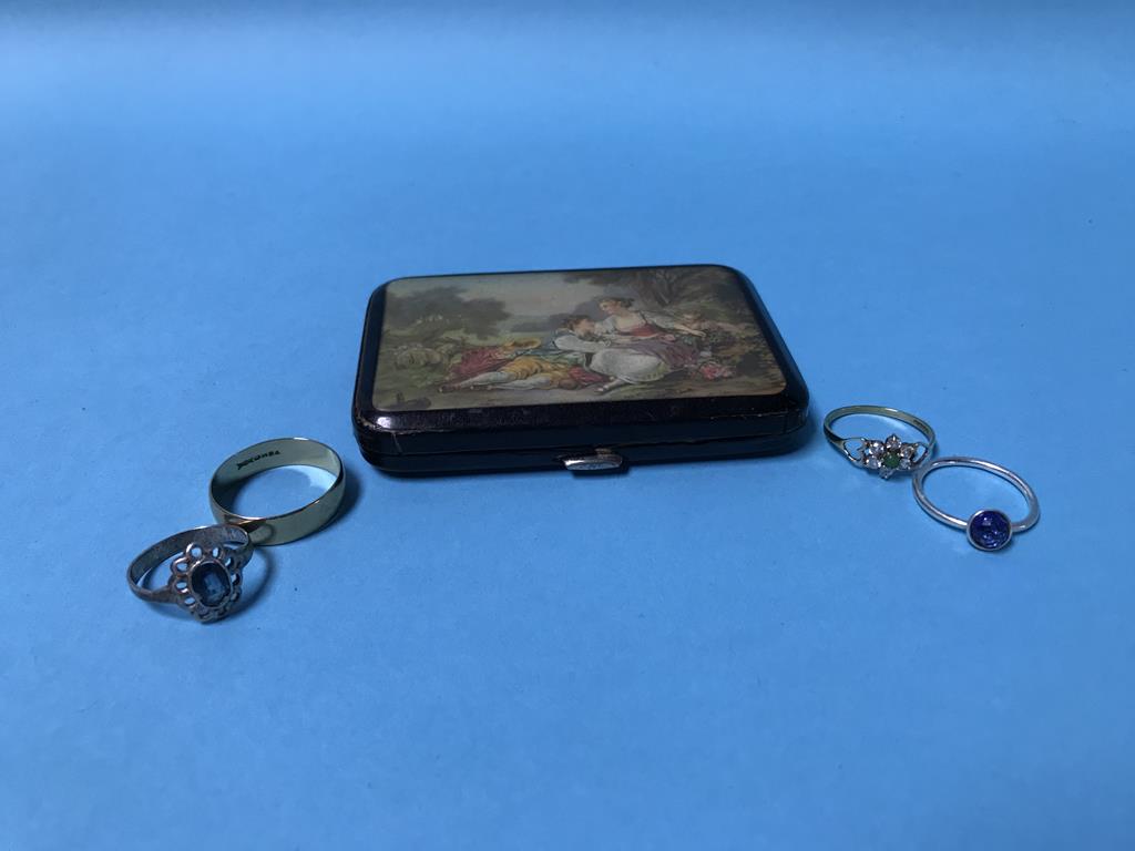 Two 9ct gold rings, 3.8g and a cigarette case etc.