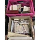 Two boxes of ephemera, postcards and stamps etc.