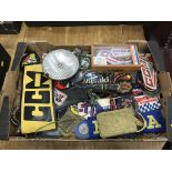 A tray of assorted, motorcycle badges, patches and stickers etc.