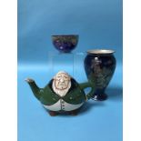 A Foley 'Intarsio' teapot of an old gentleman, a Maling bowl and Crown Devon vase