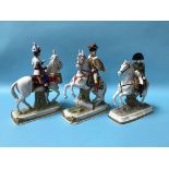 Three Capo Di Monte 'Napoleonic' figures on horse back