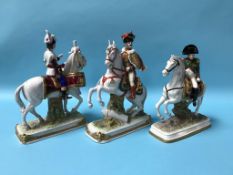 Three Capo Di Monte 'Napoleonic' figures on horse back