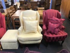 Two wing armchairs and footstool