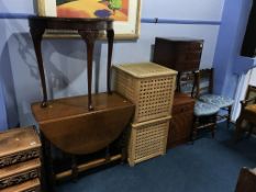 An oak gateleg table, two linen boxes and a pair of Edwardian chairs etc.