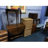 An oak gateleg table, two linen boxes and a pair of Edwardian chairs etc.