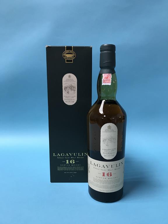 A bottle of Lagavulin 16 year old malt whisky