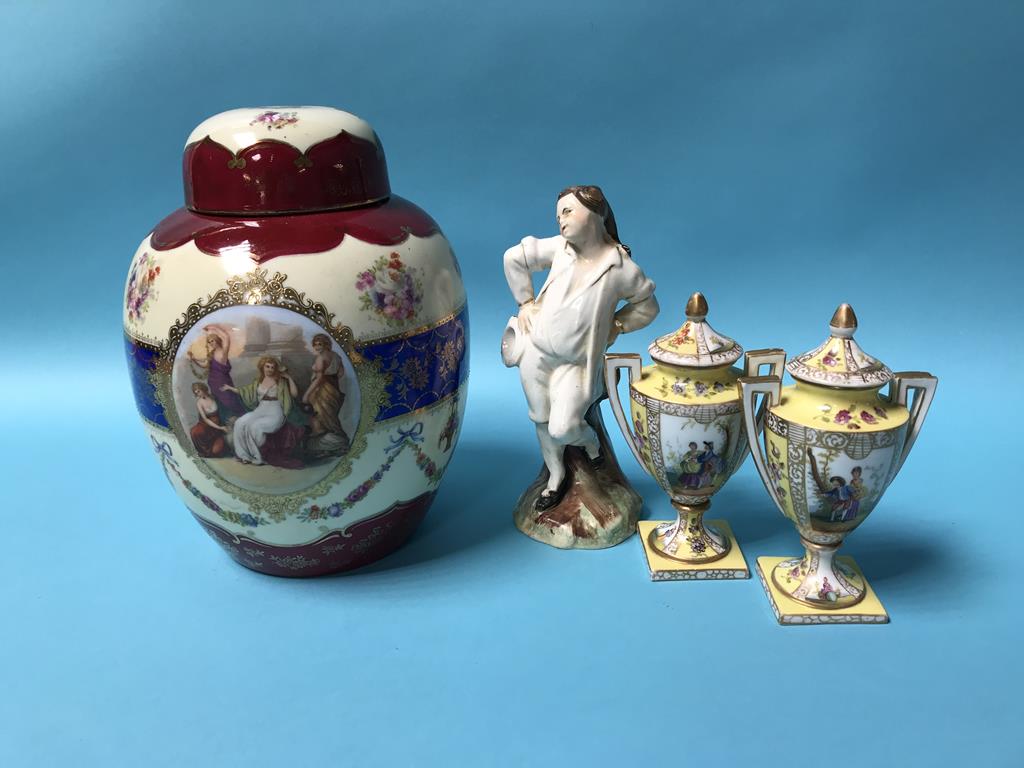 A small pair of Vienna lidded classical style vases, beehive marks and a lidded vase etc.