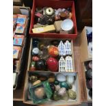 Three trays to include stud boxes, paperweights etc.