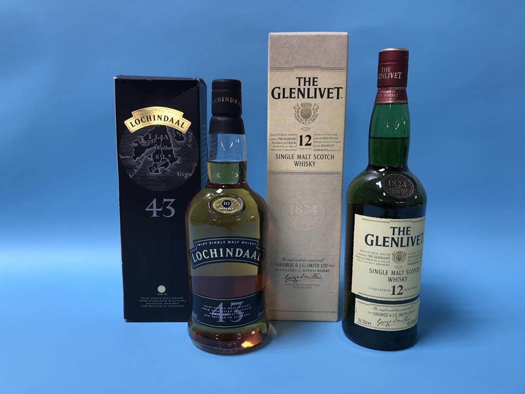 A bottle of 'The Glenlivet' 12 year old single malt and a bottle of 'Lochindaal' Islay single