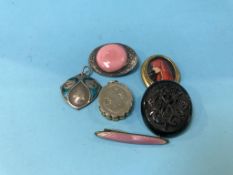 A 'Sterling' enamelled brooch, a pewter brooch etc.