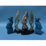 A pair of jade carved exotic birds, a carved soapstone figure and a pair of lions