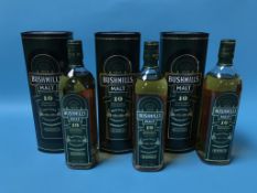Three bottles of Bushmills 10 year old single malt whisky