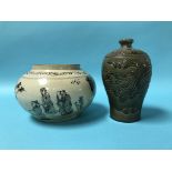 A Chinese sage green vase, decorated with a serpent and a Chinese circular bowl, 19cm high and