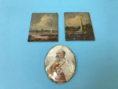 A portrait miniature of Edward VII and a pair of landscapes