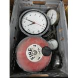 Wall clocks, various and a wall mounted Fire Alarm