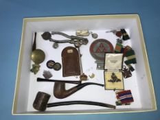 A box of assorted to include a Remington bayonet, various silver medals etc.