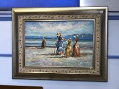 Marie Charlot, oil, signed, 'Ladies on a Beach', 60cm x 90cm
