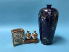 A Japanese Satsuma ware rectangular vase, a miniature pair of Satsuma vases and a tall vase on