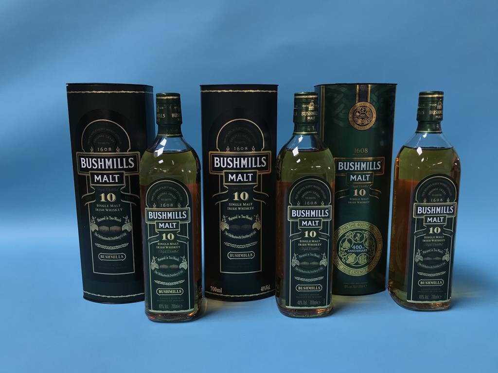Three bottles of Bushmills 10 year old whisky