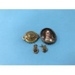 A portrait miniature, in 9ct mount and a 15ct brooch and earrings