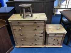 Two pine chests of drawers and a stool