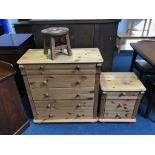 Two pine chests of drawers and a stool