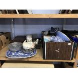 A shelf of assorted, to include crested ware, blue and white tureen etc.