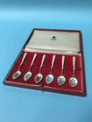 A cased set of six enamelled silver coffee spoons, S. J. Rose and Sons, Birmingham, 1974, retailed